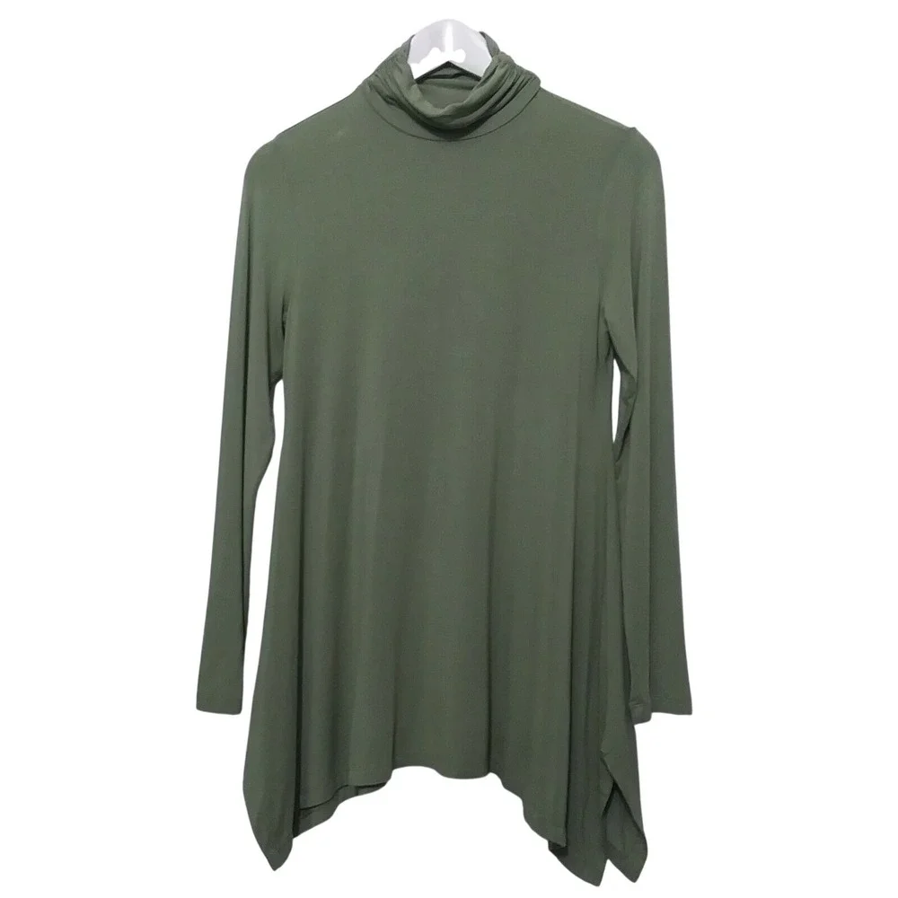 Soft Surroundings Olive Green Ruched Turtleneck Sharkbite Hem Tunic‎ Top PXS